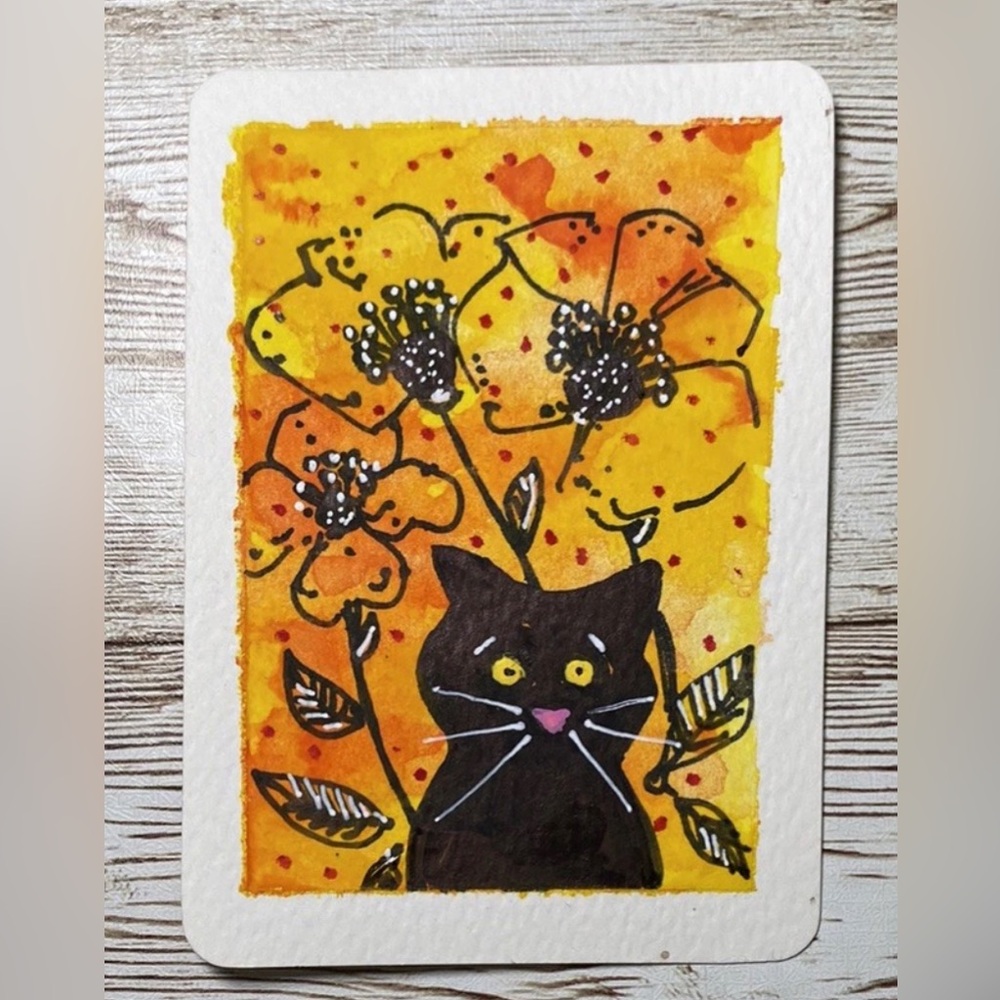 ACEO Original Art Card 2.5 x 3.5" BLACK CAT IN GARDEN SILLY CAT Series Card #11